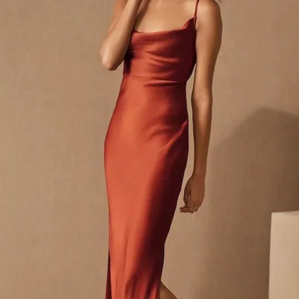 BHLDN Cali Satin Charmeuse Midi Dress Terracotta Rust, Size 2